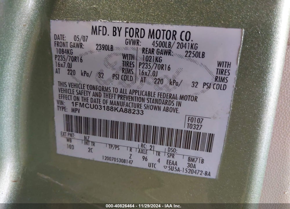 2008 FORD ESCAPE XLT VIN: 1FMCU03188KA88233