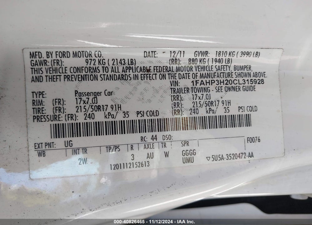 2012 FORD FOCUS SEL VIN: 1FAHP3H20CL315928