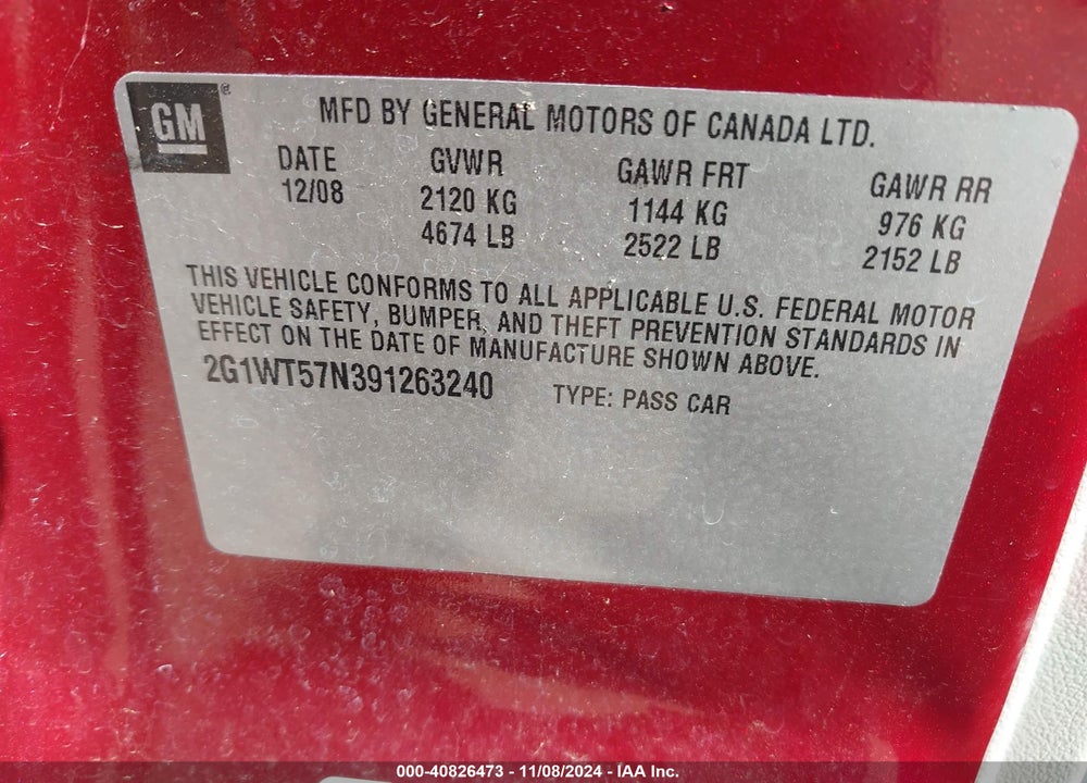 2009 CHEVROLET IMPALA LT VIN: 2G1WT57N391263240