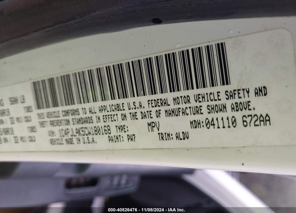 2012 JEEP LIBERTY SPORT VIN: 1C4PJLAK5CW180168