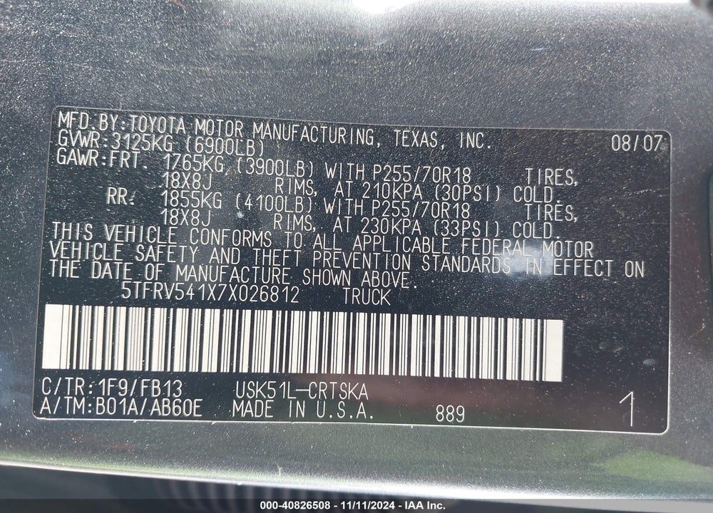 2007 TOYOTA TUNDRA SR5 V8 VIN: 5TFRV541X7X026812