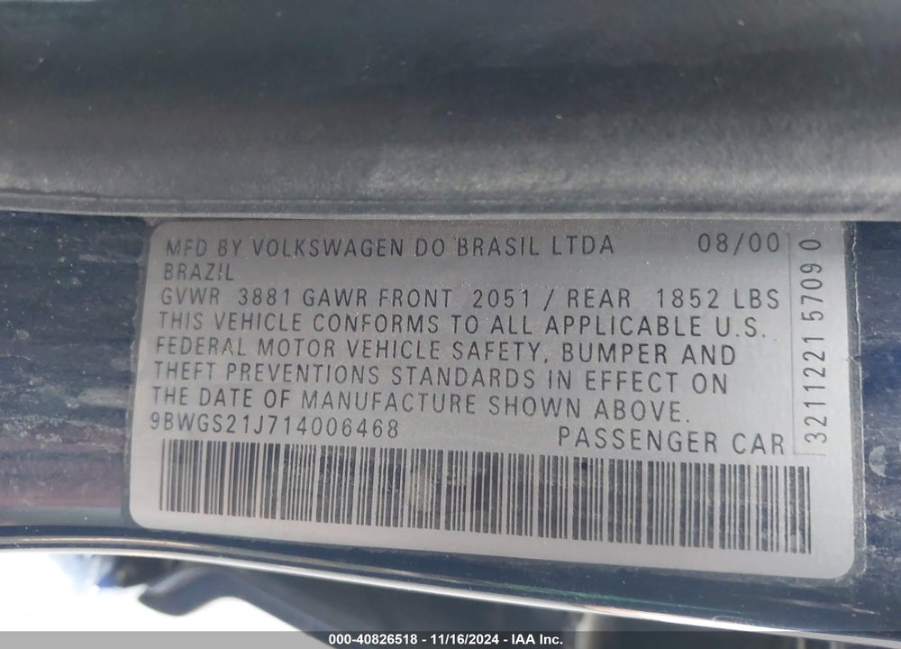 2001 VOLKSWAGEN GOLF GLS VIN: 9BWGS21J714006468