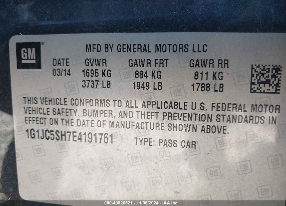 2014 CHEVROLET SONIC LT AUTO VIN: 1G1JC5SH7E4191761