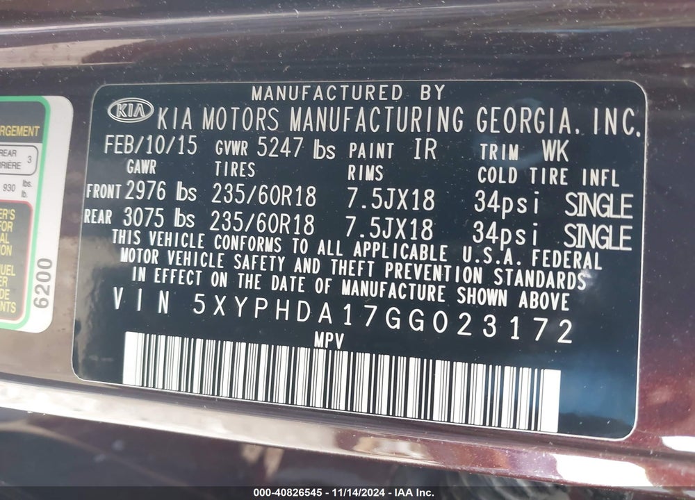 2016 KIA SORENTO 2.0T EX VIN: 5XYPHDA17GG023172