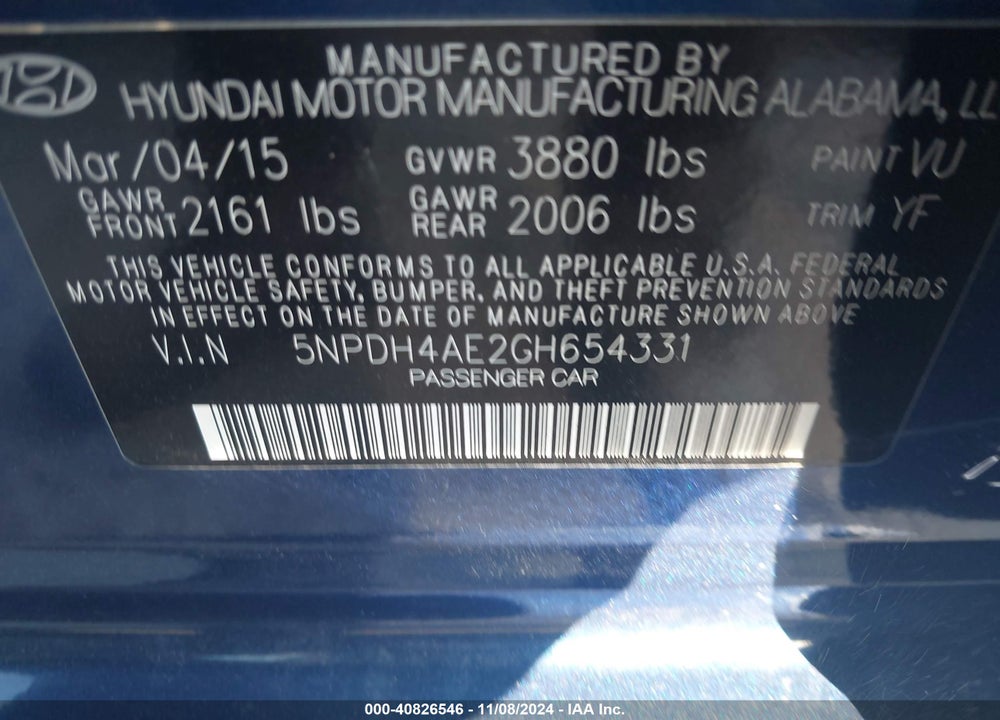 2016 HYUNDAI ELANTRA SE VIN: 5NPDH4AE2GH654331