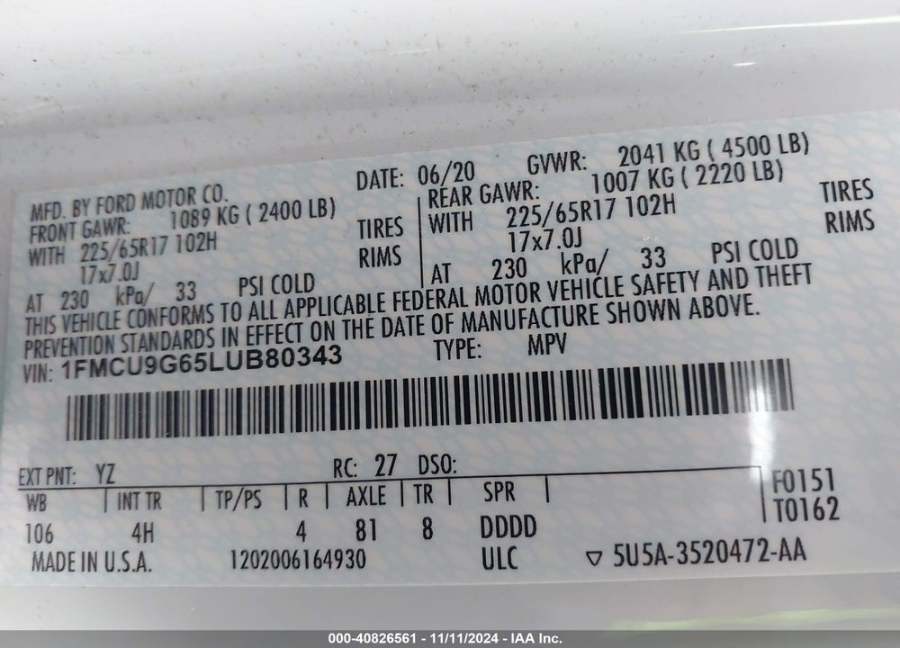 2020 FORD ESCAPE SE VIN: 1FMCU9G65LUB80343