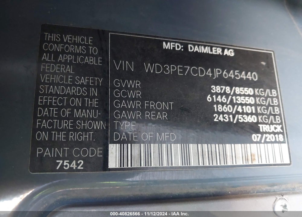 2018 MERCEDES-BENZ SPRINTER 2500 STANDARD ROOF V6 VIN: WD3PE7CD4JP645440