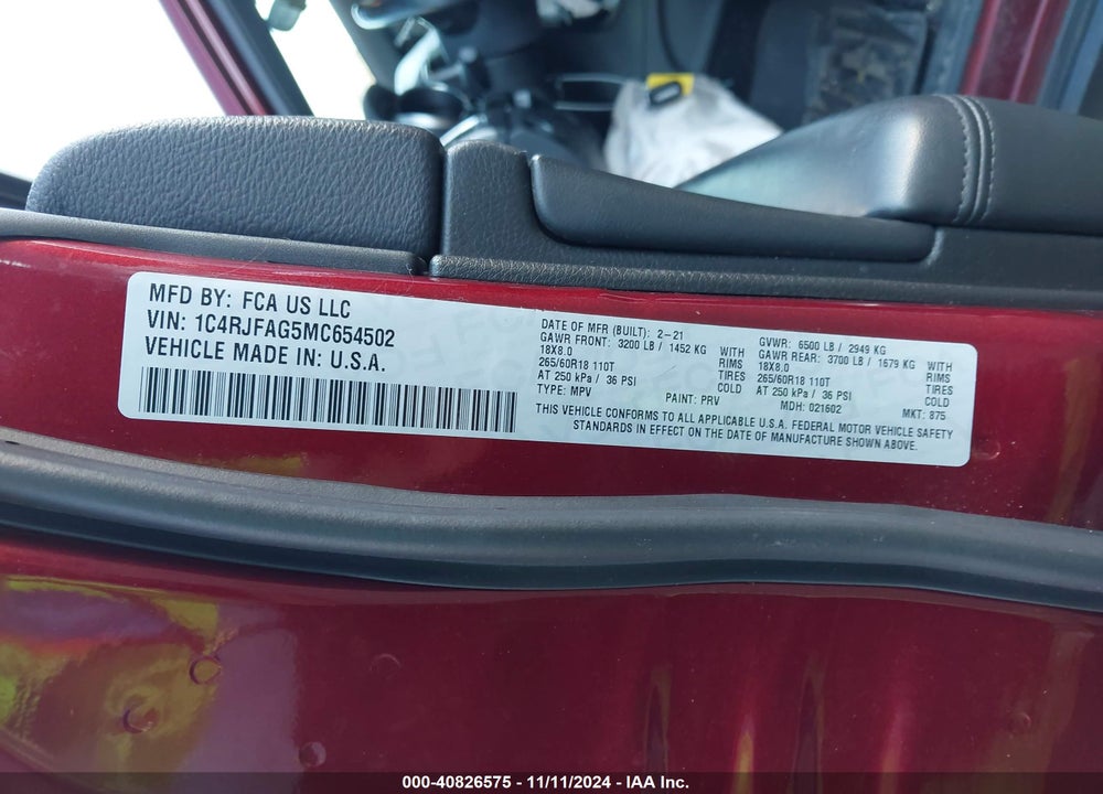 2021 JEEP GRAND CHEROKEE LAREDO E 4X4 VIN: 1C4RJFAG5MC654502