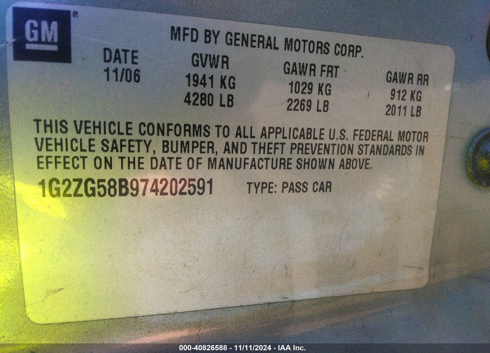 2007 PONTIAC G6 VIN: 1G2ZG58B974202591