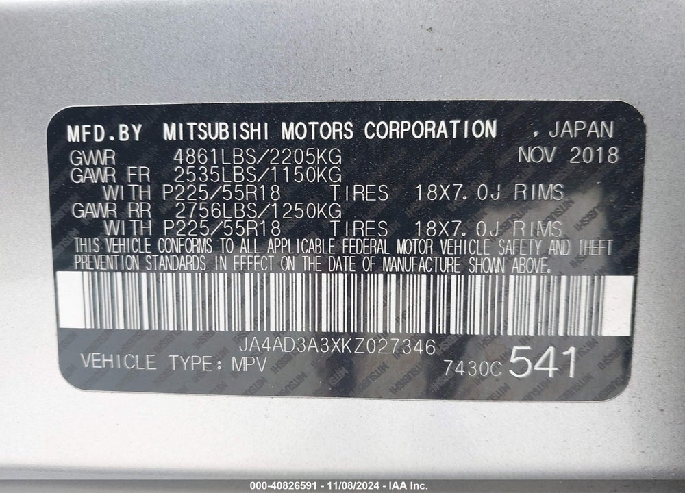 2019 MITSUBISHI OUTLANDER SEL VIN: JA4AD3A3XKZ027346