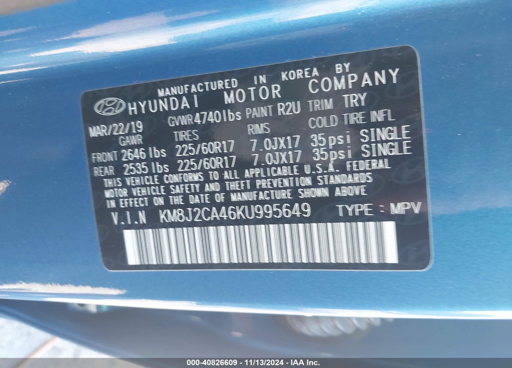 2019 HYUNDAI TUCSON SE VIN: KM8J2CA46KU995649