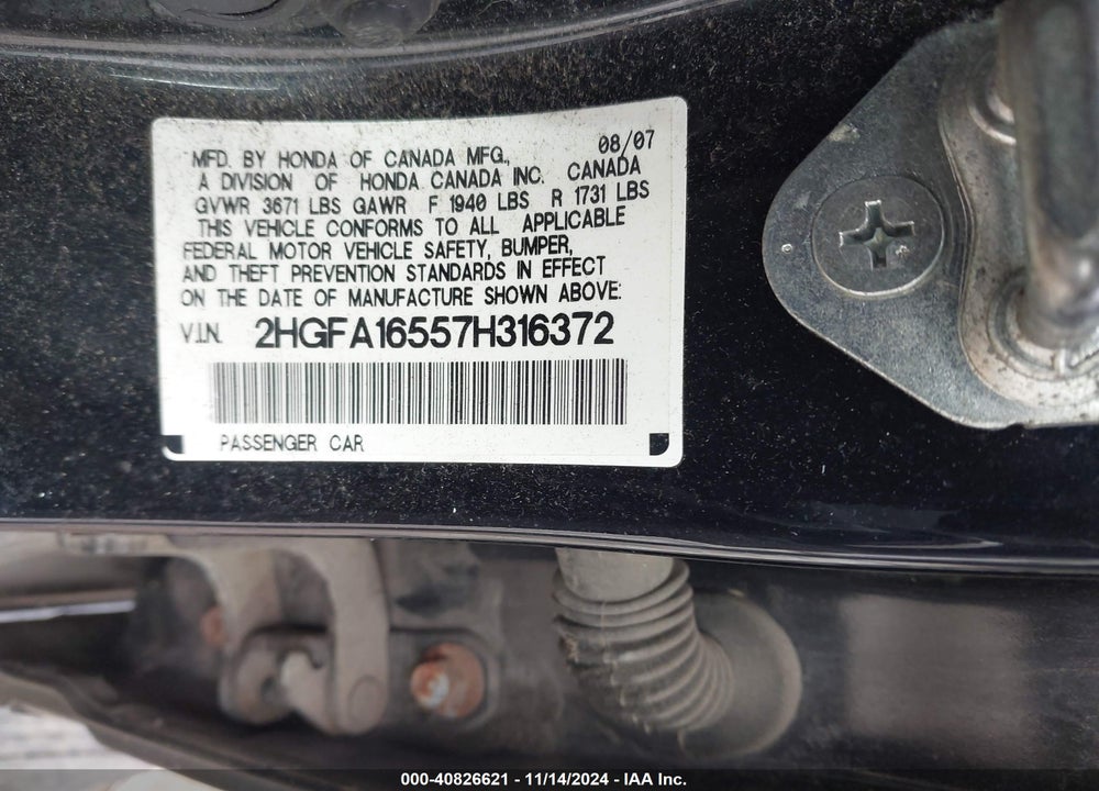 2007 HONDA CIVIC LX VIN: 2HGFA16557H316372