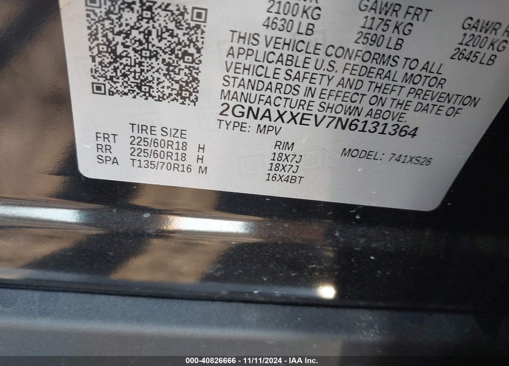 2022 CHEVROLET EQUINOX AWD PREMIER VIN: 2GNAXXEV7N6131364