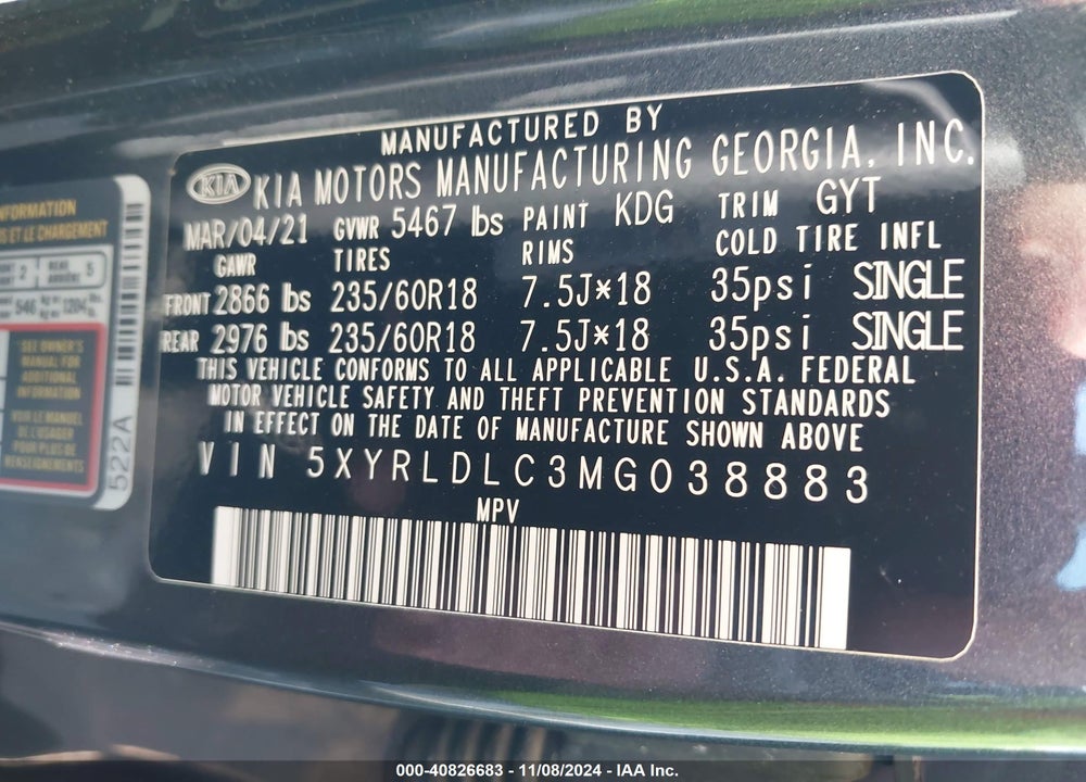 2021 KIA SORENTO S VIN: 5XYRLDLC3MG038883