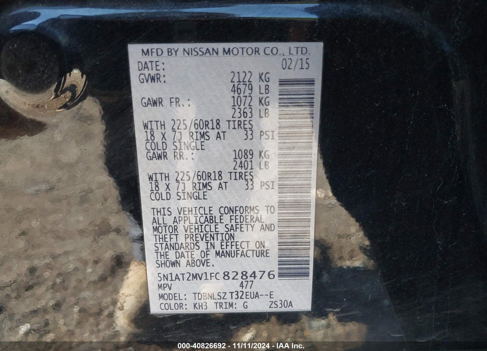 2015 NISSAN ROGUE SL VIN: 5N1AT2MV1FC828476