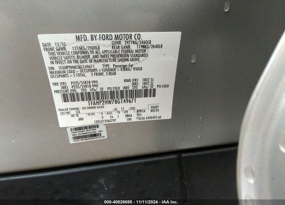 2011 FORD TAURUS SEL VIN: 1FAHP2HW7BG149671