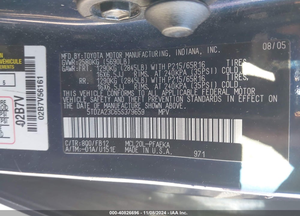 2005 TOYOTA SIENNA LE VIN: 5TDZA23C65S379659