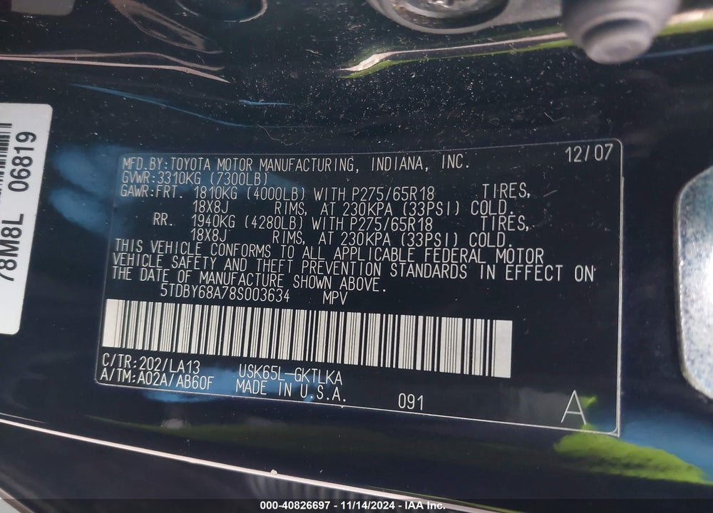 2008 TOYOTA SEQUOIA LIMITED 5.7L V8 VIN: 5TDBY68A78S003634