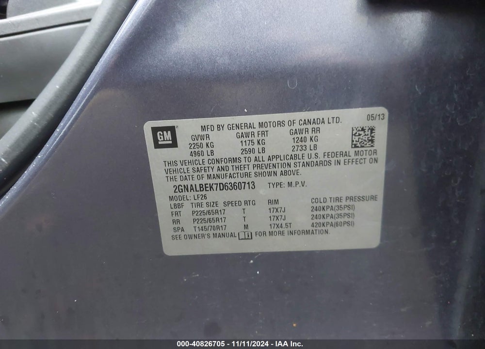 2013 CHEVROLET EQUINOX LS VIN: 2GNALBEK7D6360713