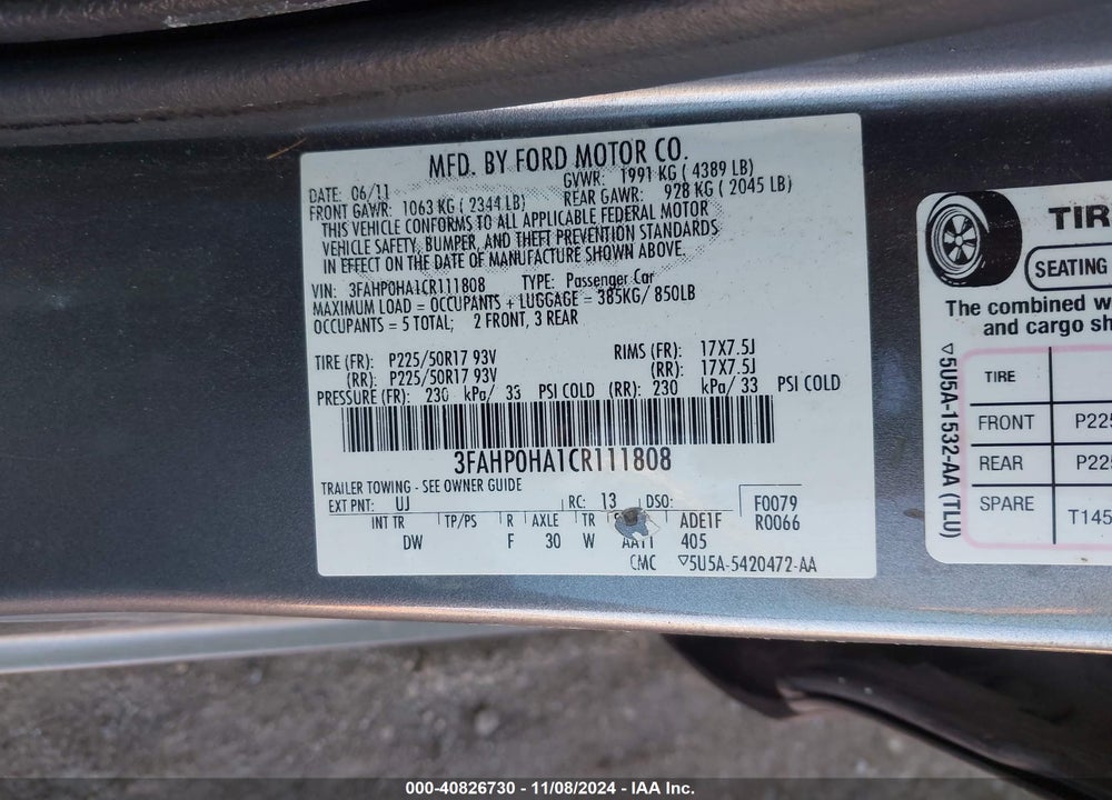 2012 FORD FUSION SE VIN: 3FAHP0HA1CR111808