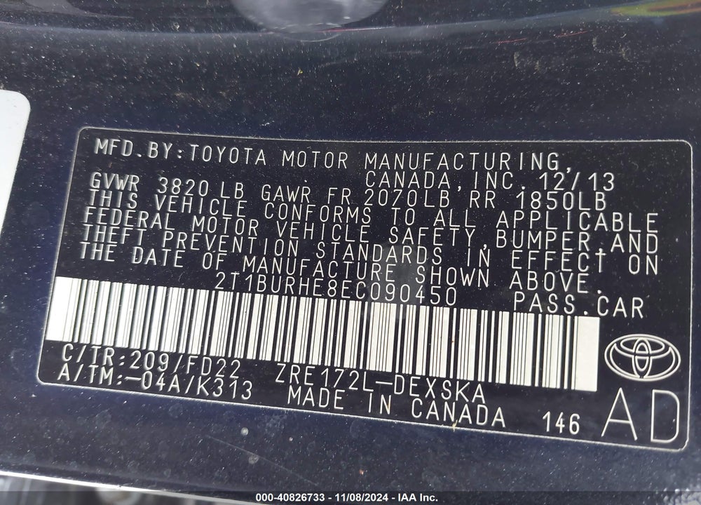 2014 TOYOTA COROLLA S PLUS VIN: 2T1BURHE8EC090450