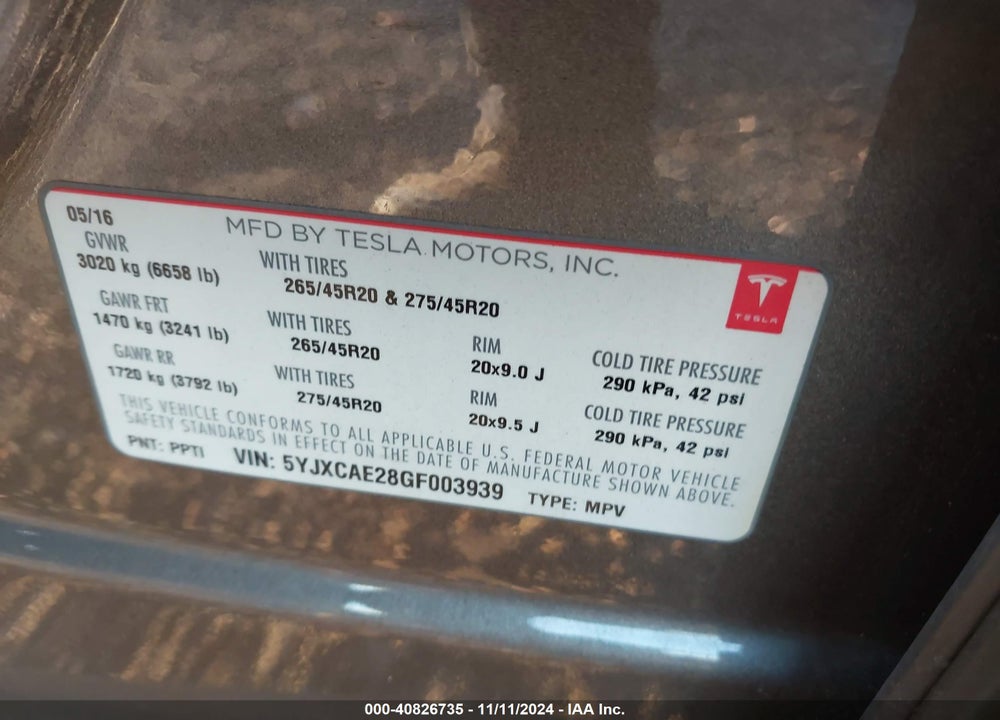 2016 TESLA MODEL X 60D/70D/75D/90D VIN: 5YJXCAE28GF003939