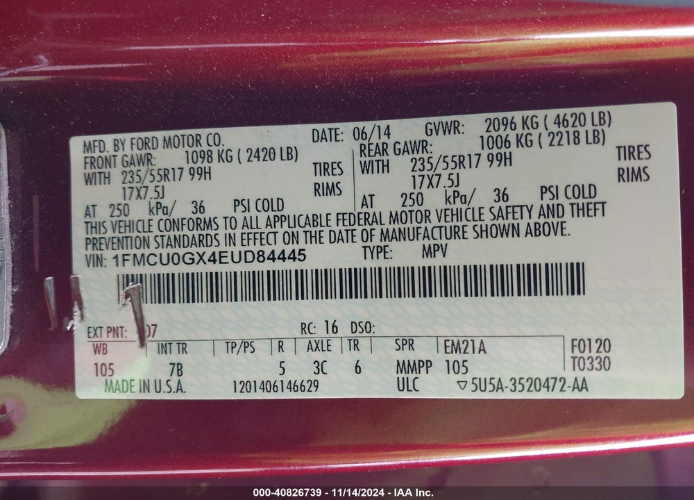 2014 FORD ESCAPE SE VIN: 1FMCU0GX4EUD84445