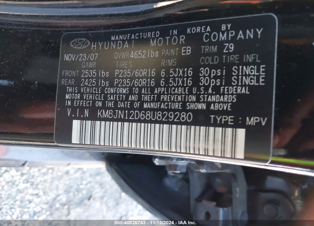 2008 HYUNDAI TUCSON VIN: KM8JN12D68U829280