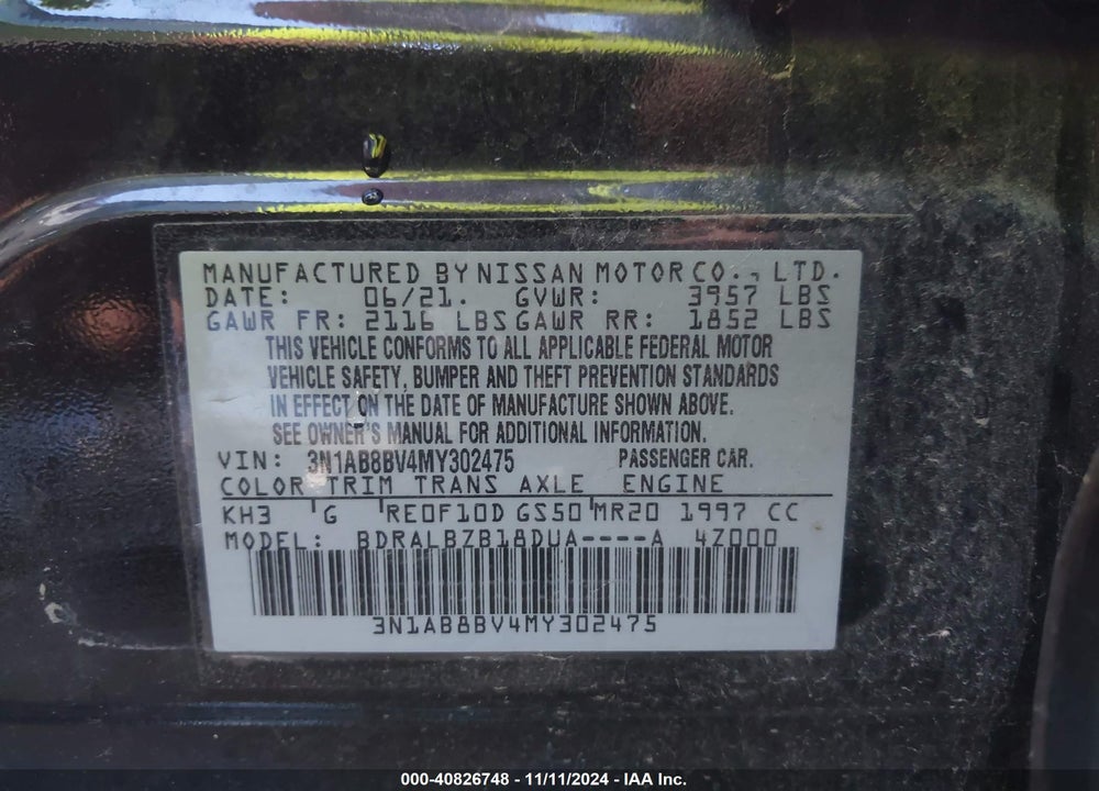 2021 NISSAN SENTRA S XTRONIC CVT VIN: 3N1AB8BV4MY302475