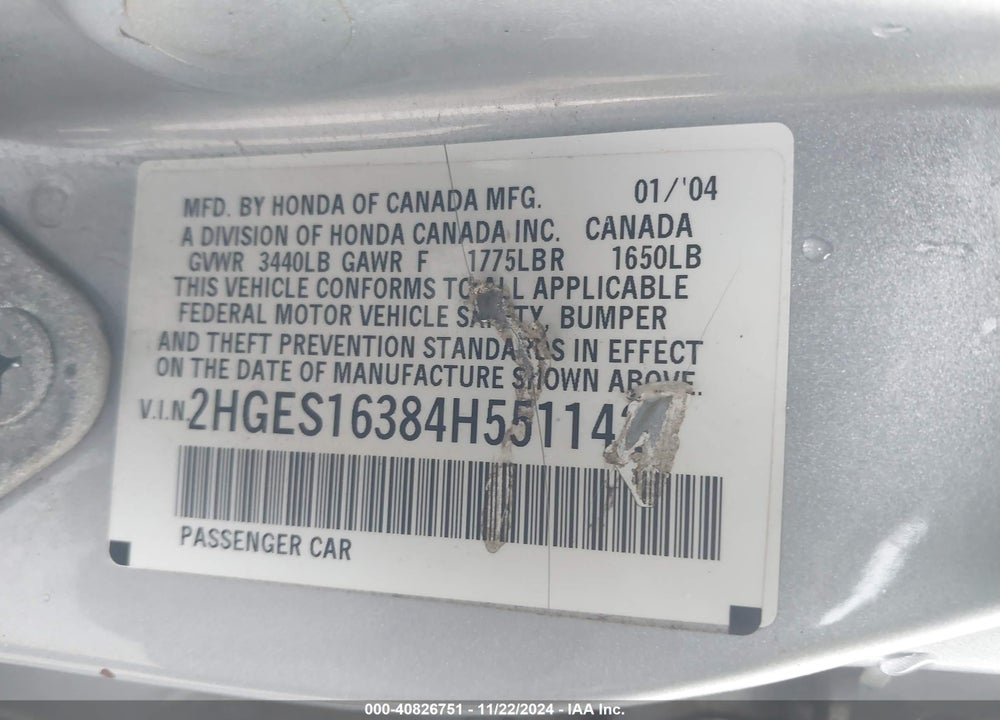 2004 HONDA CIVIC VP VIN: 2HGES16384H551142
