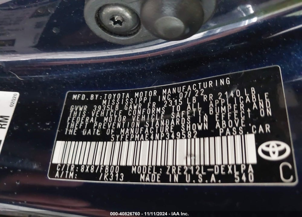 2022 TOYOTA COROLLA LE VIN: 5YFEPMAE4NP349582