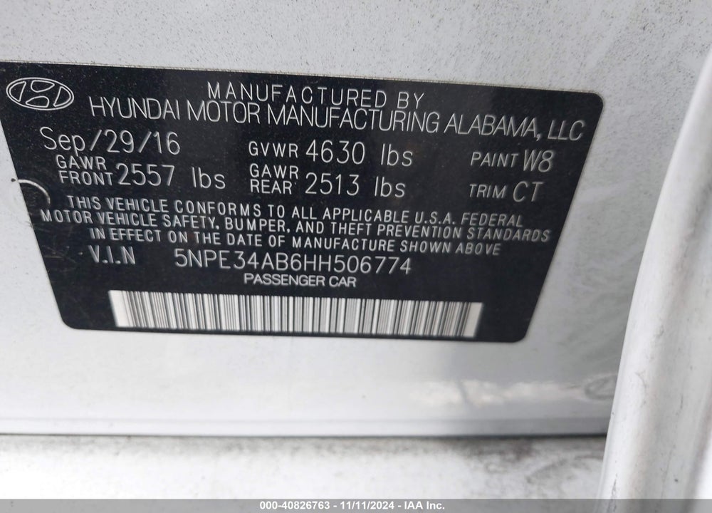 2017 HYUNDAI SONATA VIN: 5NPE34AB6HH506774