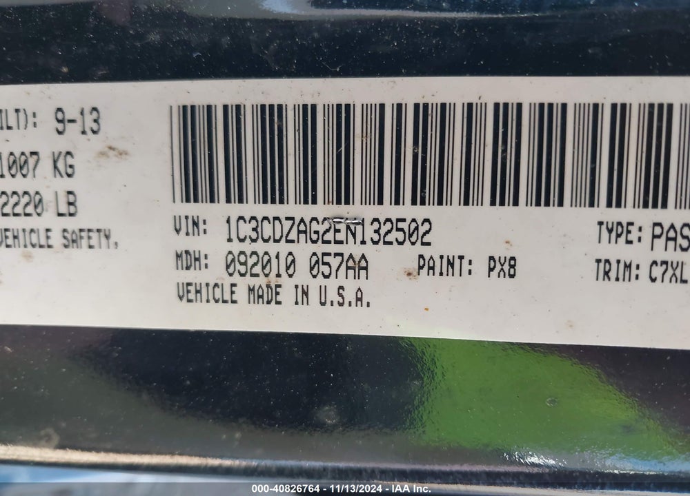 2014 DODGE AVENGER VIN: 1C3CDZAG2EN132502
