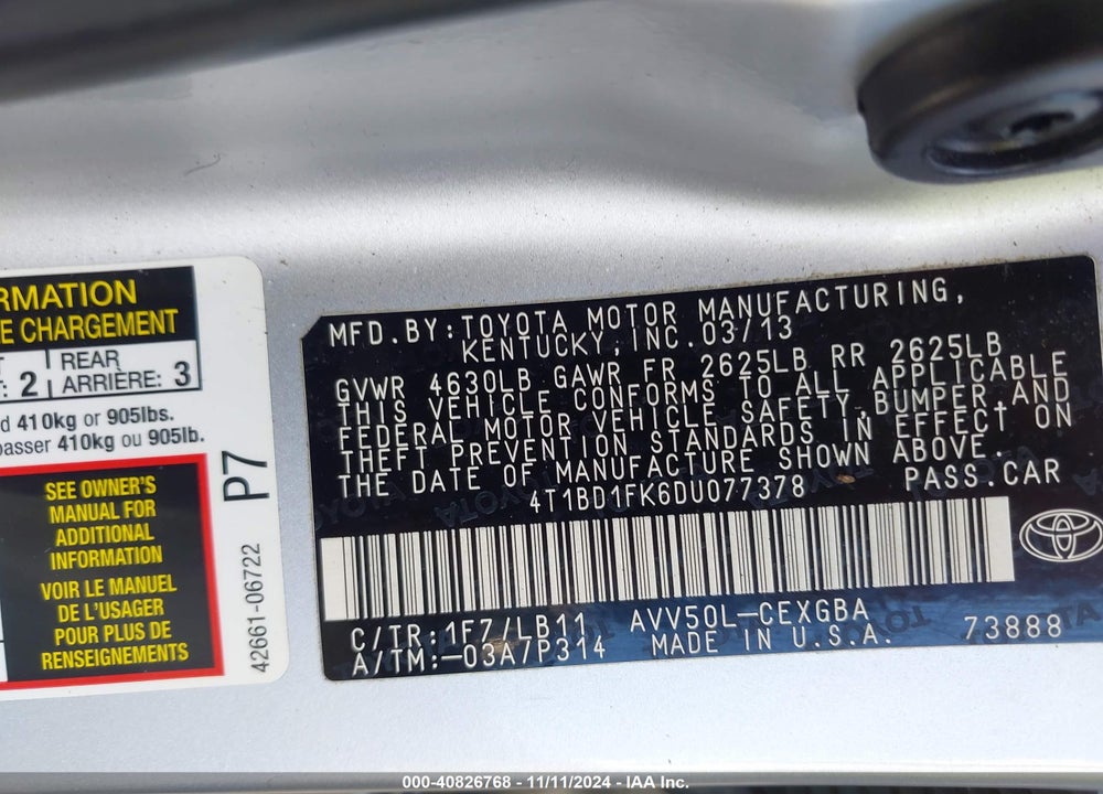 2013 TOYOTA CAMRY HYBRID XLE VIN: 4T1BD1FK6DU077378