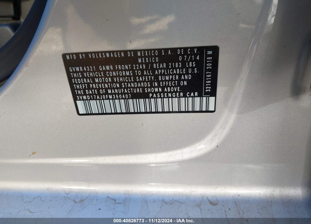 2015 VOLKSWAGEN JETTA 1.8T SE VIN: 3VWD17AJ0FM350407