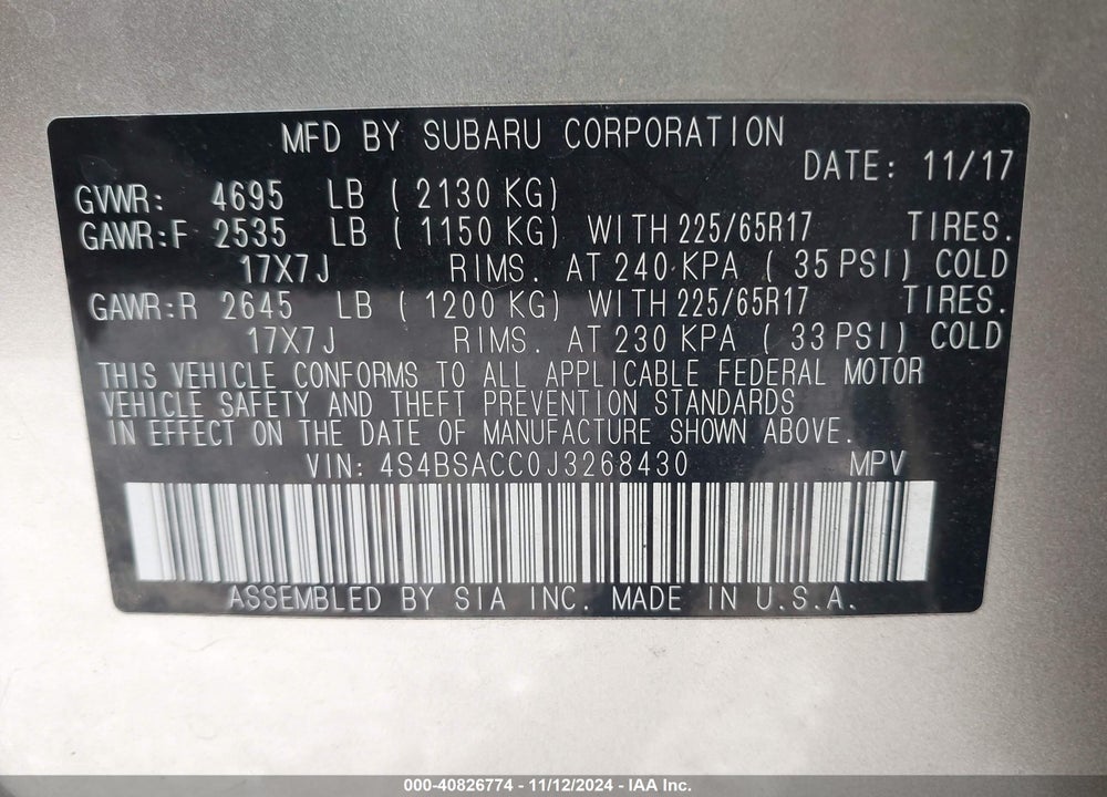 2018 SUBARU OUTBACK 2.5I PREMIUM VIN: 4S4BSACC0J3268430