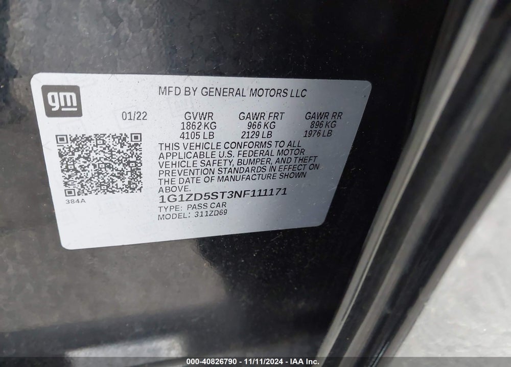 2022 CHEVROLET MALIBU FWD LT VIN: 1G1ZD5ST3NF111171