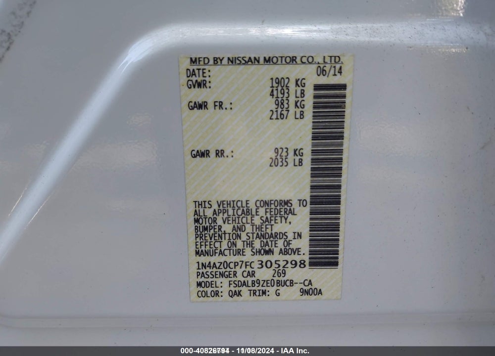 2015 NISSAN LEAF S VIN: 1N4AZ0CP7FC305298