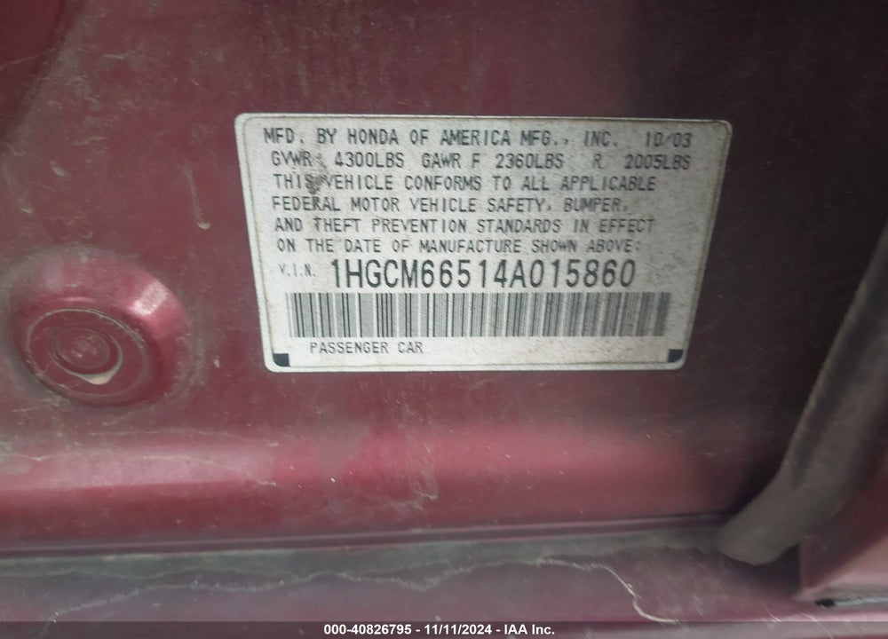 2004 HONDA ACCORD 3.0 EX VIN: 1HGCM66514A015860