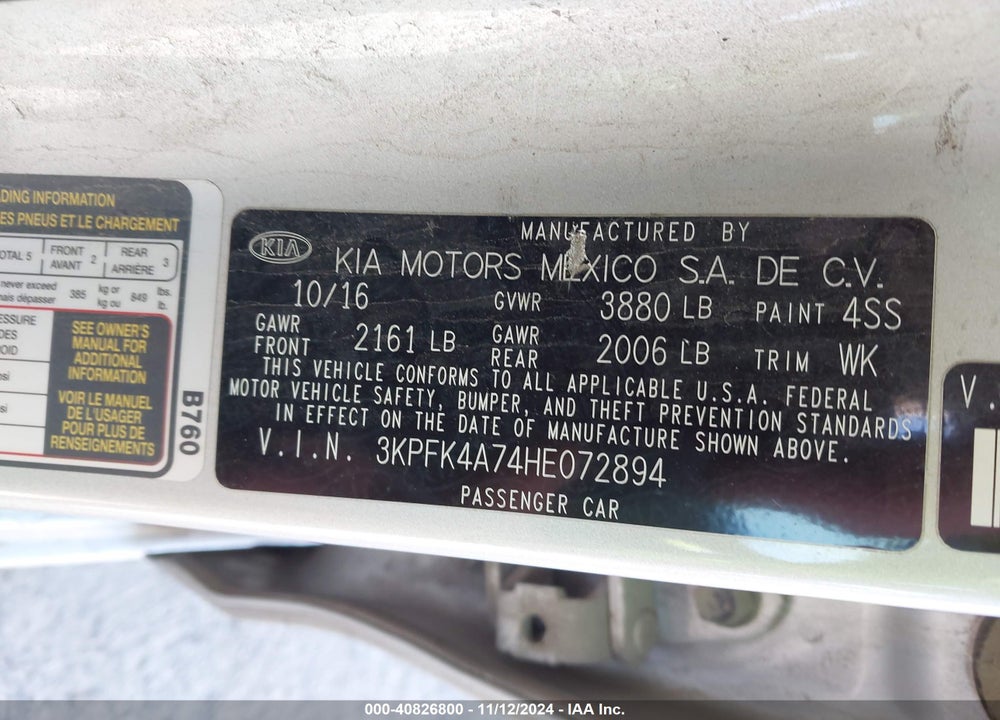 2017 KIA FORTE LX VIN: 3KPFK4A74HE072894