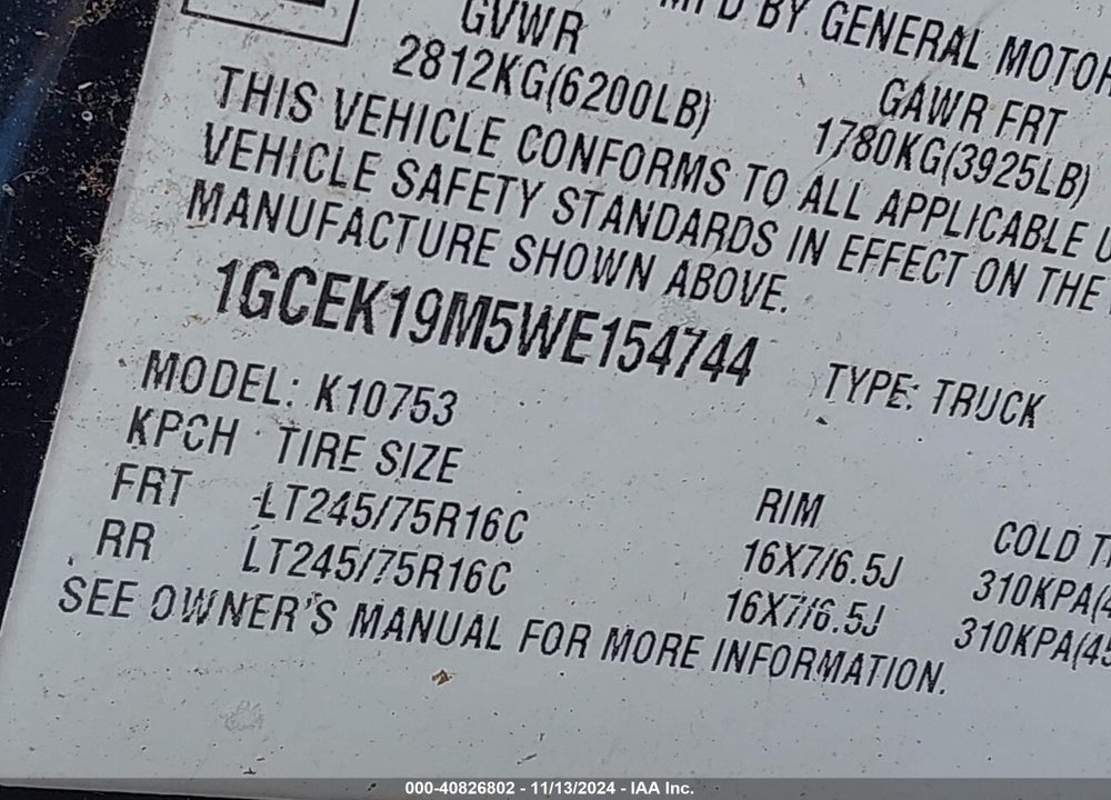 1998 CHEVROLET K1500 FLEETSIDE VIN: 1GCEK19M5WE154744