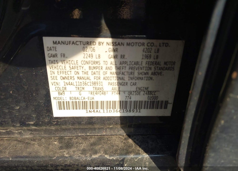 2006 NISSAN ALTIMA VIN: 1N4AL11D36C198931