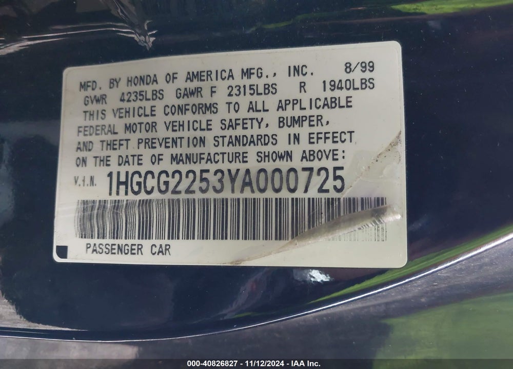 2000 HONDA ACCORD 3.0 EX VIN: 1HGCG2253YA000725