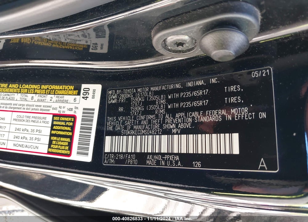 2021 TOYOTA SIENNA LE VIN: 5TDKRKEC0MS048212