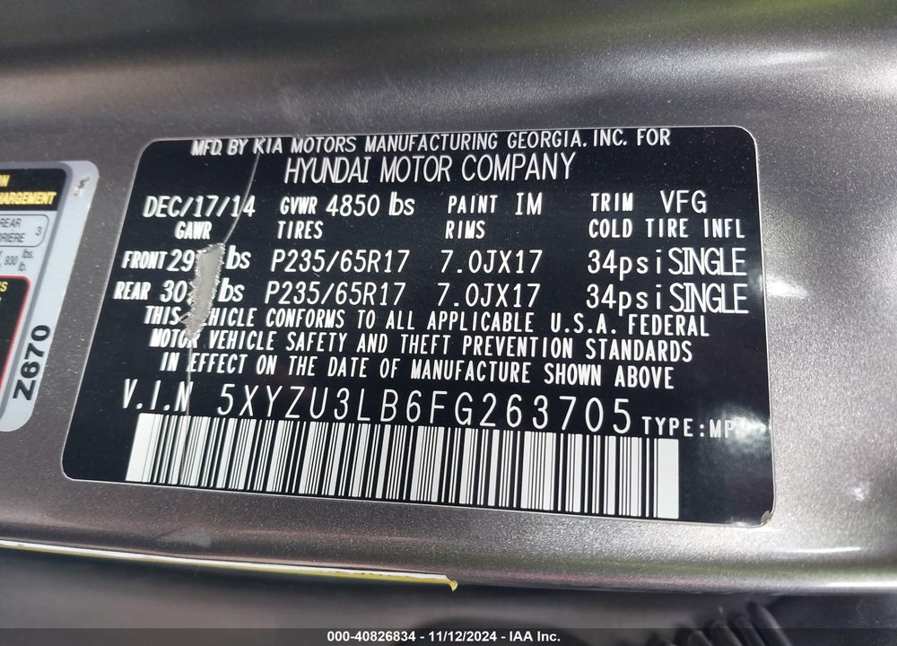 2015 HYUNDAI SANTA FE SPORT 2.4L VIN: 5XYZU3LB6FG263705