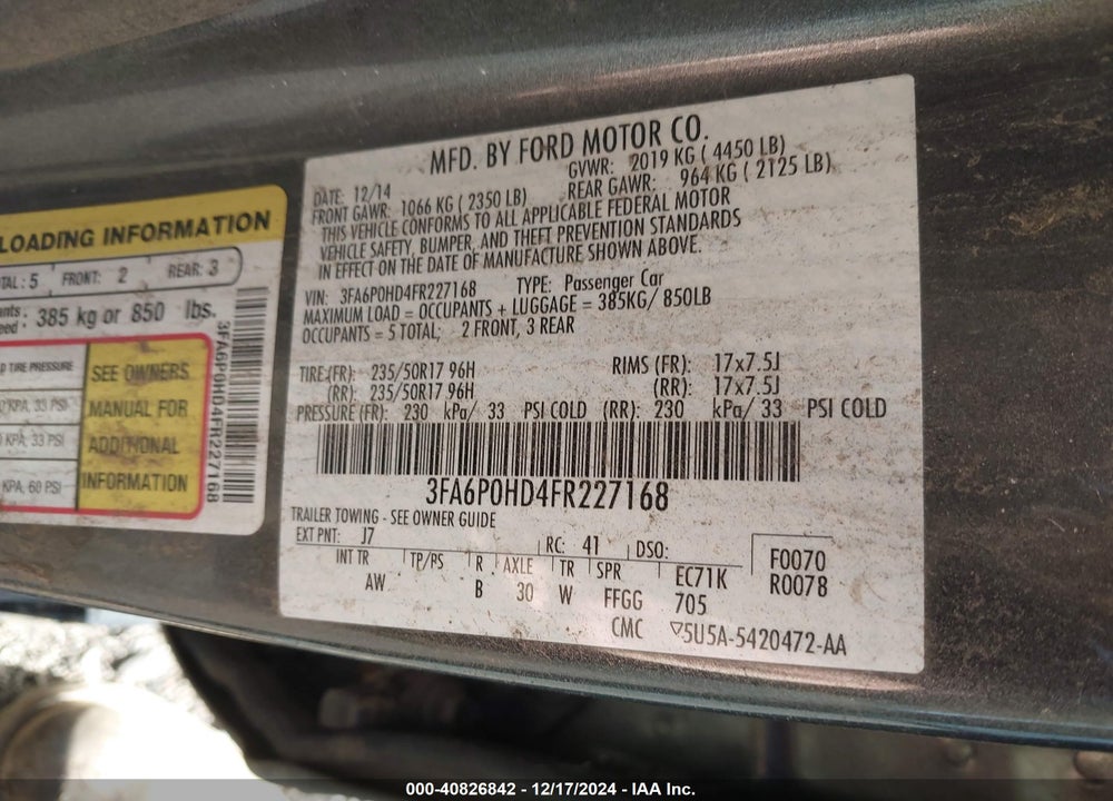 2015 FORD FUSION VIN: 3FA6P0HD4FR227168