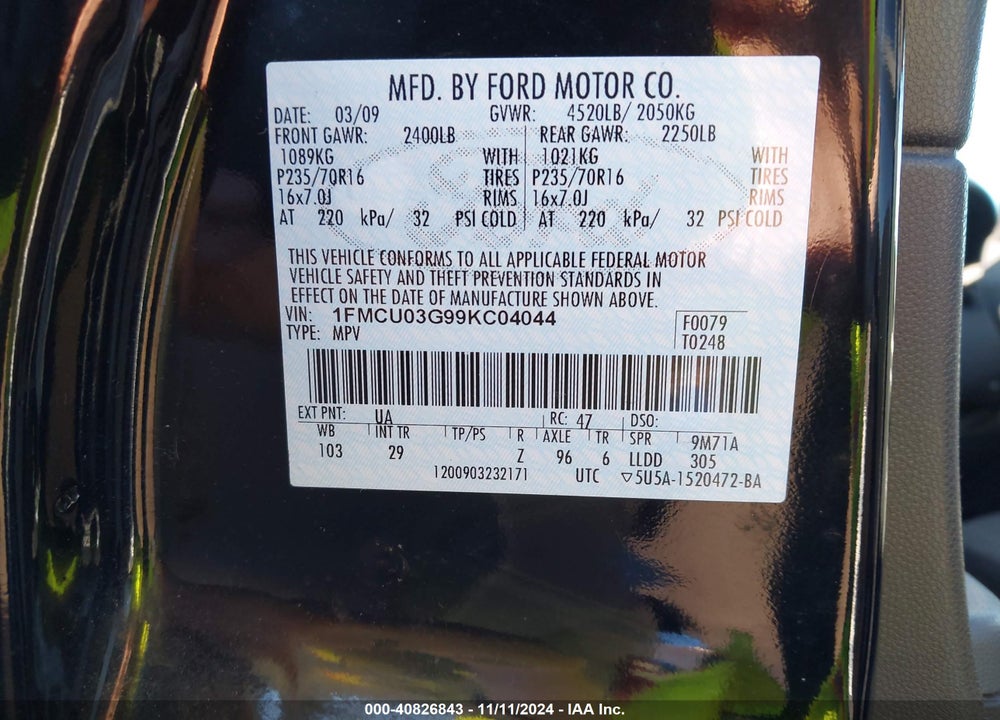 2009 FORD ESCAPE XLT VIN: 1FMCU03G99KC04044