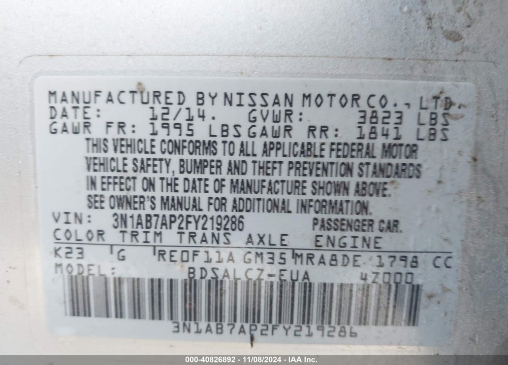 2015 NISSAN SENTRA S VIN: 3N1AB7AP2FY219286