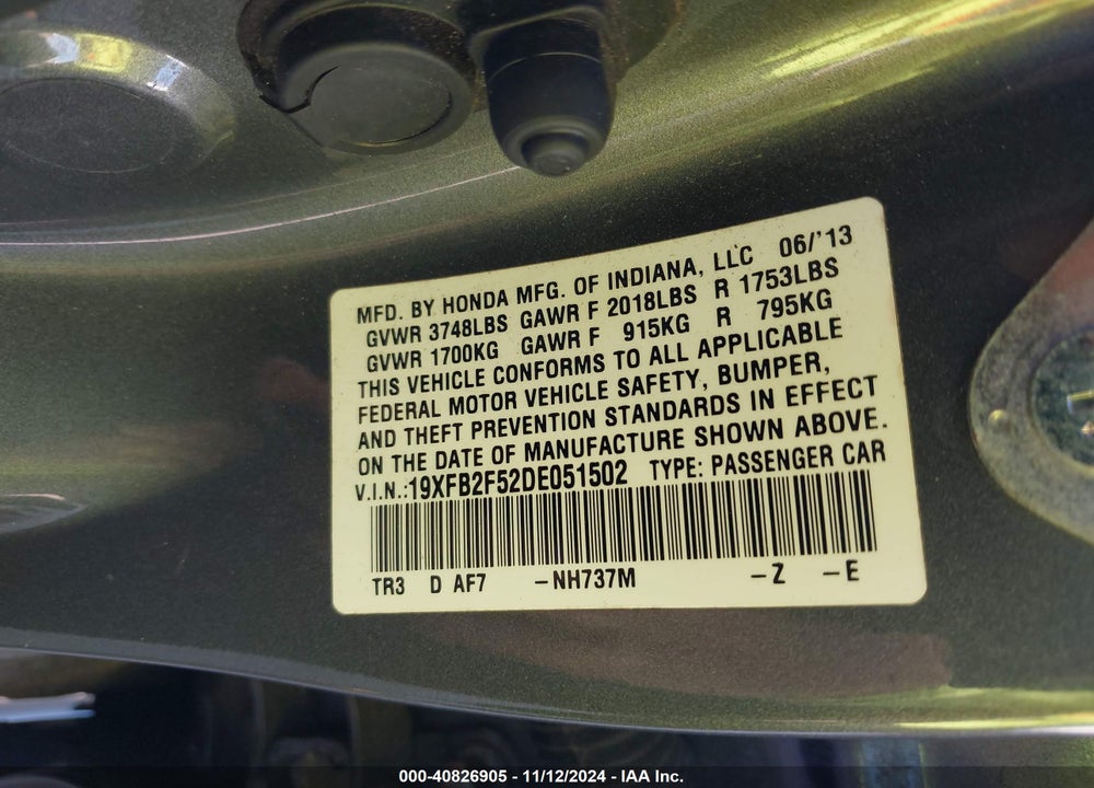 2013 HONDA CIVIC LX VIN: 19XFB2F52DE051502