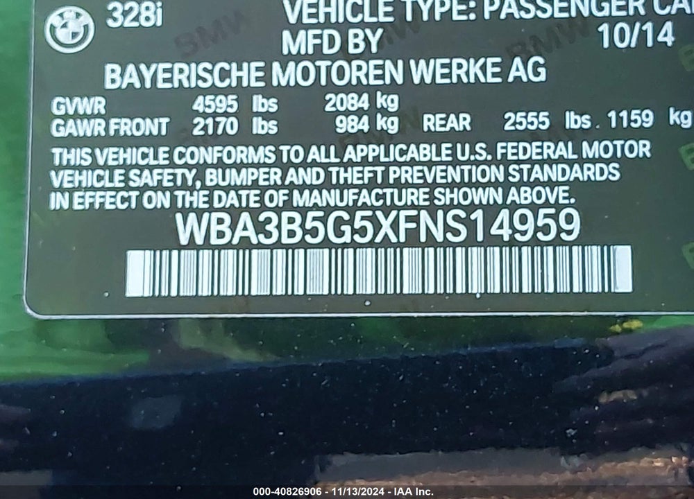 2015 BMW 328I XDRIVE VIN: WBA3B5G5XFNS14959